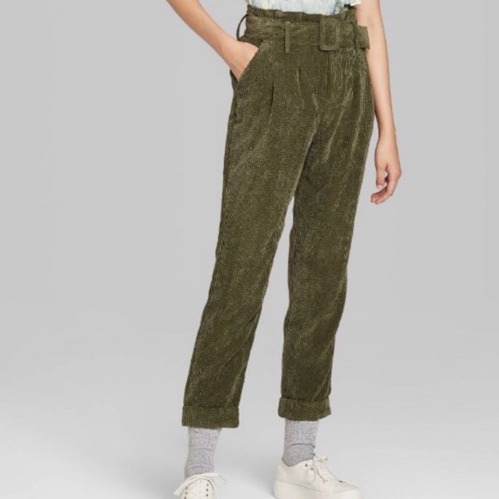 High Rise Belted Paperbag Waist Corduroy Pants